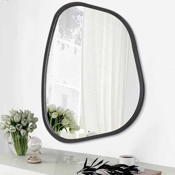 Black Asymmetrical Mirror Large 26"x18" Irregular Oval Wall Mirror Modern Wood by HLFMVWE