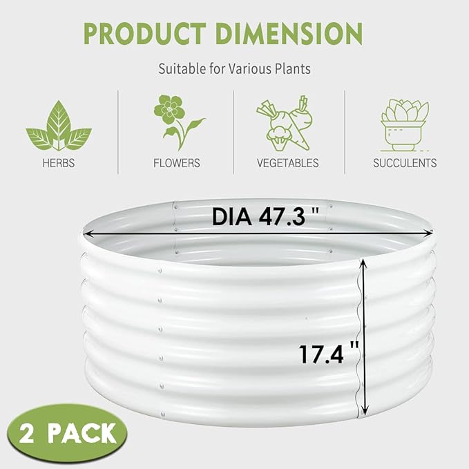 FORTUNO 2 Pcs 17" Tall 4 Ft Round Raised Garden Bed Box Galvanized Metal Outdoor High Flower Bed Steel Patio Ground Planter for Planting Vegetables and Herbs, White