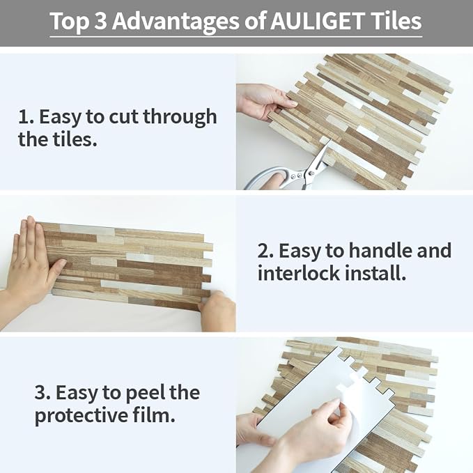 AULIGET 2 Sheets Beige & Brown Wood Peel and Stick Backsplash, PVC Mixed Metal - Image 7