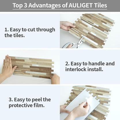 AULIGET 2 Sheets Beige & Brown Wood Peel and Stick Backsplash, PVC Mixed Metal - Image 7