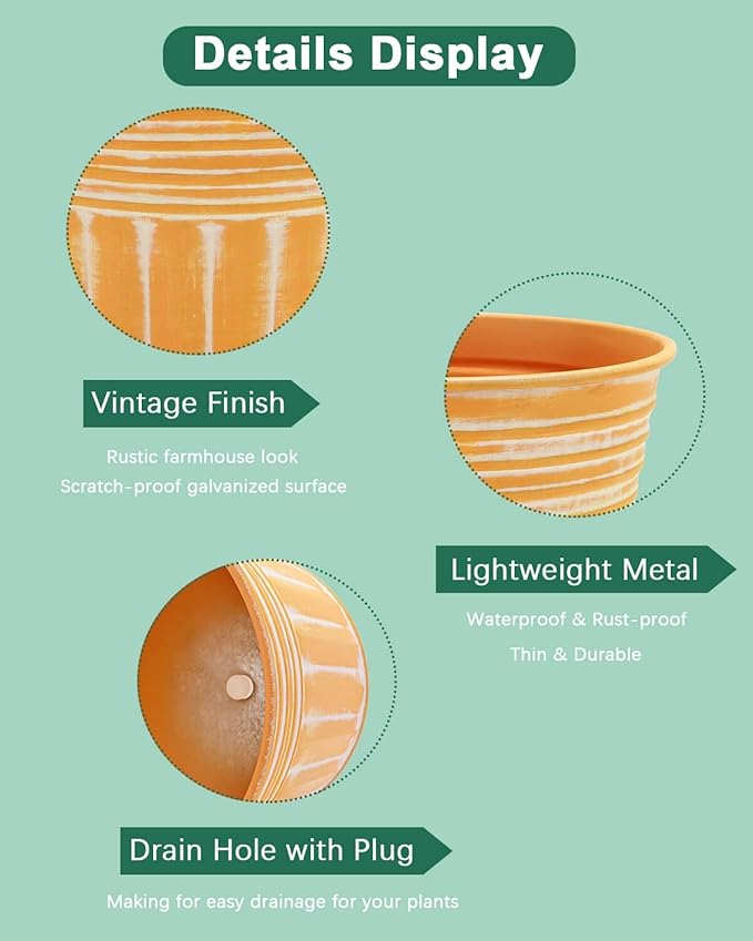 vensovo 7 Inches Orange Metal Rustic Flower Pots - 6 Pcs Medium Galvanized Planters with Drainage Hole and Rubber Plug, Rustproof Tin Bucket Plant Pot Farmhouse Vintage Style for Decor