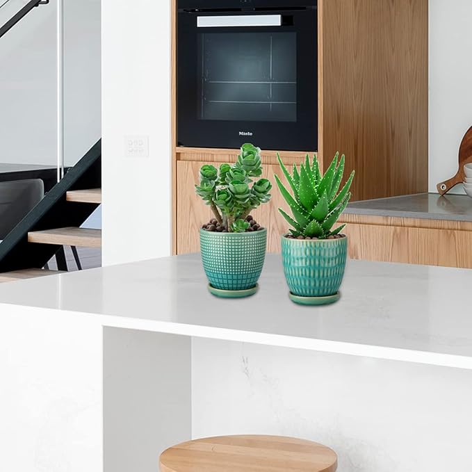 Oairse 4 inches Ceramic Planters Pots for Indoor Plants 3 Set of Small Round Flower Pots with Drainage Hole and Ceramic Tray Modern Planters Set for Succulents Cactus Garden Home Windowsill Table