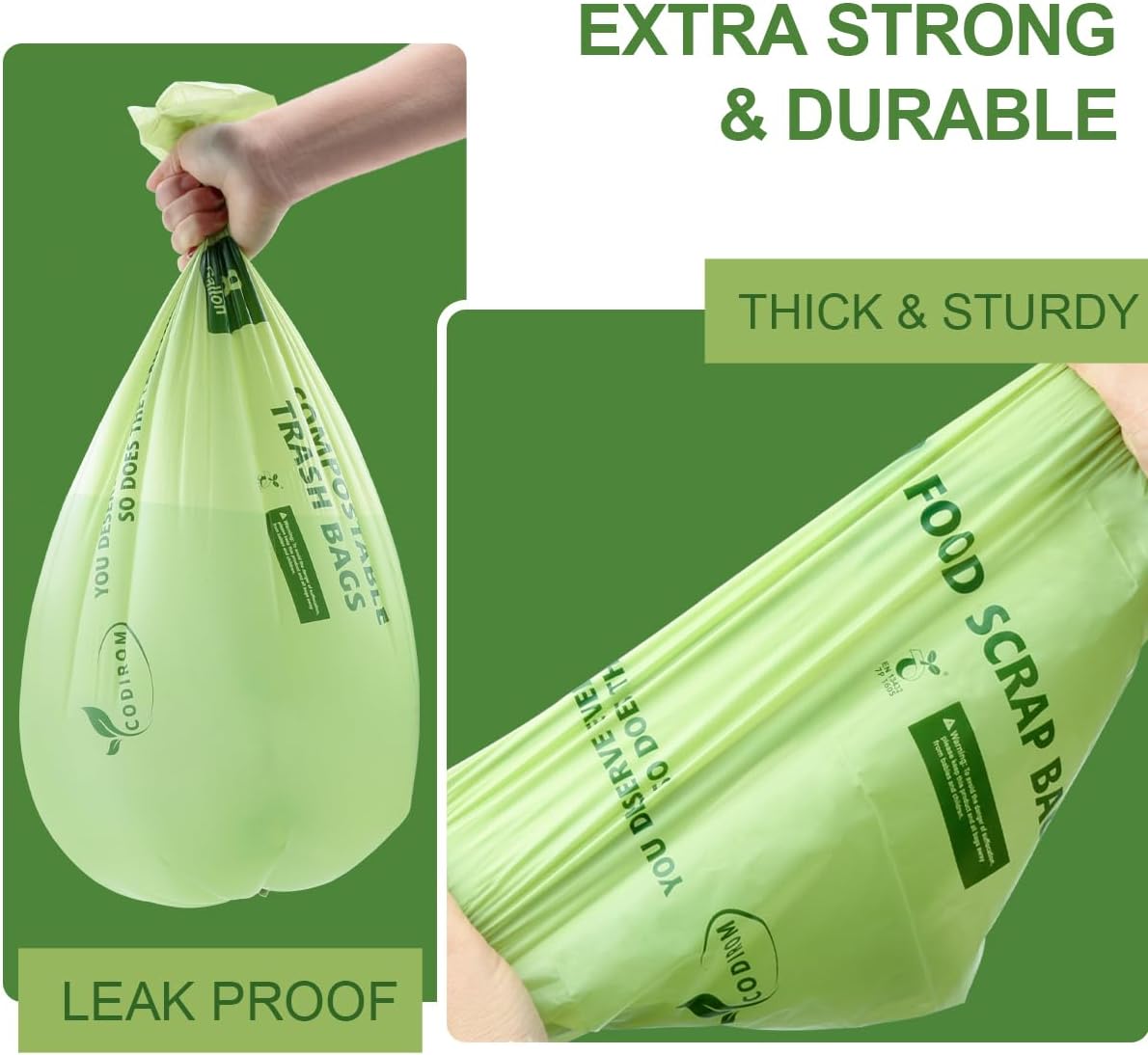 100% Compostable Trash Bags, 13 Gallon, 49.2 Liter, 0.91 Mils, 65 Count Kitchen Tall Food Scrap Compost Bags for Tall Kitchen Trash Cans with Europe EN13432 Certified