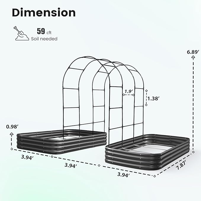 KING BIRD Raised Garden Bed with Arched Trellis Galvanized Planter Garden Box Outdoor for Gardening, Climbing Vegetables, Flowers 7.87x3.94x0.98 Ft 2PCS, Dark Grey