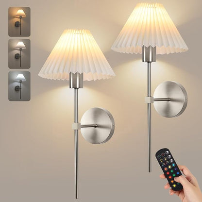 Wireless Wall Sconce Sets of 2, Pleated Shades Rechargeable Battery Operated by KELUOLY