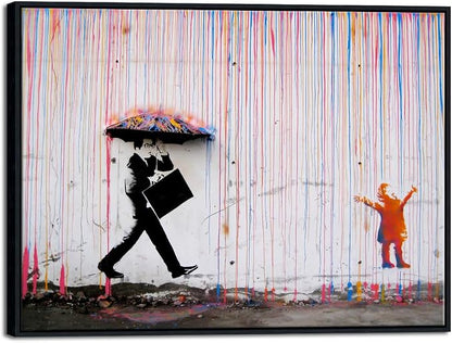Wieco Art Framed Banksy Raining Day or Colorful Graffiti Street Famous Canvas by WiecoArt