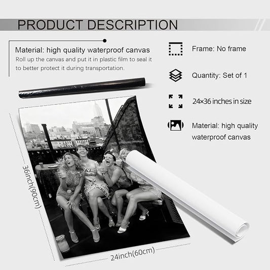 Retro Black And White Woman Canvas Wall Art Fashion Rooftop Party Posters - Image 2