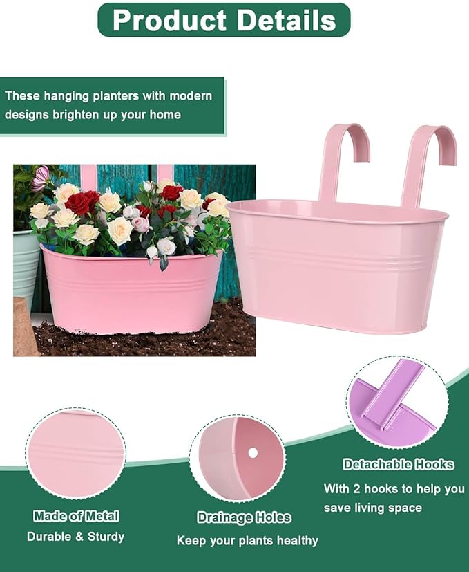 vensovo Metal Railing Planter for Outdoor Plants - 3 Pack Balcony Hanging Flower Pots with Detachable Hooks and Drain Holes Oval Bucket Rail Box Fence Planters for Home Garden Decor, Purple Pink Blue