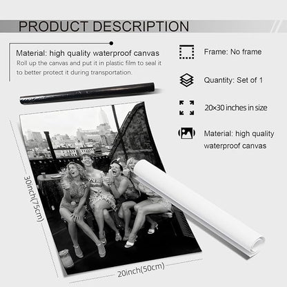 Retro Black And White Woman Canvas Wall Art Fashion Rooftop Party Posters - Image 2