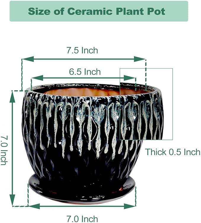 vensovo 7.5 Inch Ceramic Plant Pot with Drainage Holes and Saucer - Large Round Orchid Pot for Indoor Repotting, Ceramic Planter Maintain air Circulation, Black