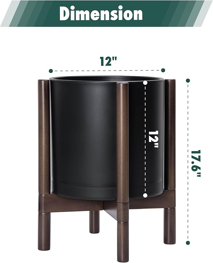 D'vine Dev Planter Pot with Stand - 12 Inch Plastic Cylinder Flower Pot with Wood Planter Holder for Indoor, Matte Black Pot + Walnut Color Stand, 55-C-O-2