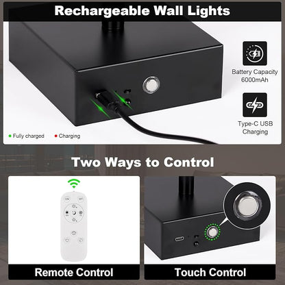 Battery Operated Wall Sconce, 3000K-6000K Dimmable Black Wall Lights - Image 6