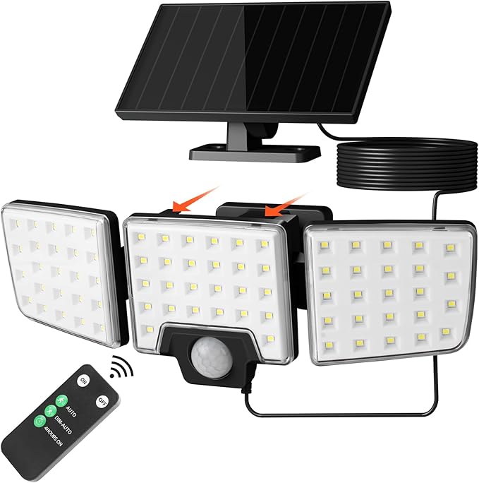 Lepro Solar Security Lights - Outdoor Motion Sensor, 2 in 1 Remote Control, IP65 Waterproof, 2 Light Modes, 3 Heads Solar Floodlight for Garden, Yard, Garage