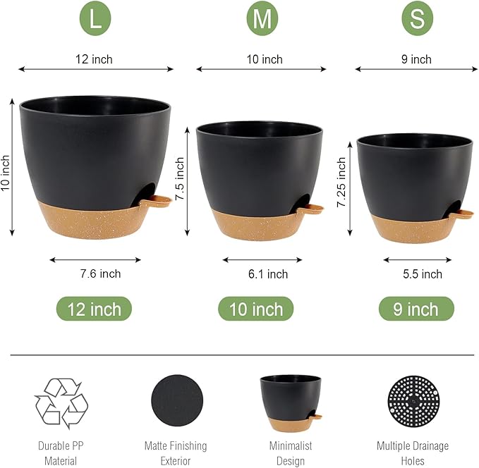 Large Self Watering Pots, 12/10/9 Plastic Planters with High Drainage Holes and Deep Reservoir for Indoor Outdoor Garden Plants and Flowers, Black with Brown