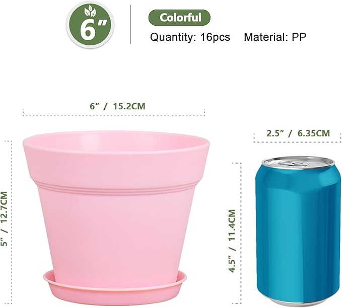 6 inch Plastic Nursery Pots, 16 Pack Plant Pots for Indoor Outdoor Plants, Flower Pots with Drainage Holes and Saucers, Decorative Seedling Starter Planters for House Plants, Colorful