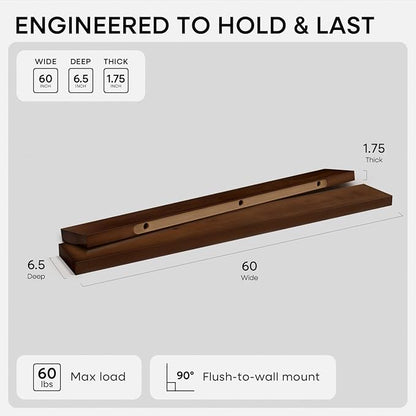 Homeforia Walnut 60 inch Floating Shelf, High End Solid Real Wood 60inch Long - Image 2