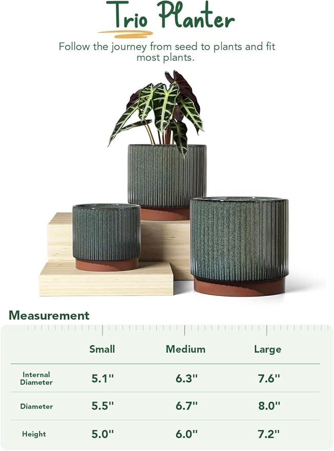 LE TAUCI Ceramic Plant Pots with Drainage Holes, Set of 3, 8+6.7+5.5 Inch Stripe Garden Planter Pots for Outdoor Indoor Plants Flower, Round Succulent Orchid Flower Pot, Reactive Glaze Black
