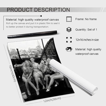 Retro Black And White Woman Canvas Wall Art Fashion Rooftop Party Posters - Image 2