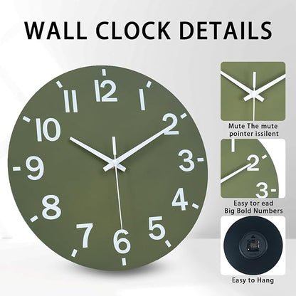 HZDHCLH Wall Clock 10 Inch Silent Non Ticking Wood Battery Operated Green - Image 2