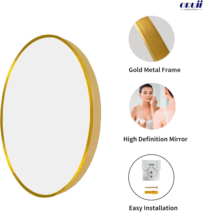 Oruii Gold Circle Mirror, 20 inch Round Mirror Metal Frame, Living Room - Image 2