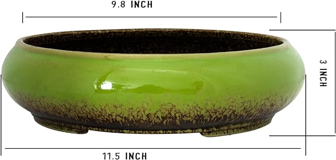 Succulent Pots - 11.5 Inch Ceramic Bonsai Pots with Drainage, Large Shallow Succulent Planters for Indoor Outdoor Plants, Round Glazed Cactus Flower Plant Container Bowl Home Desk Decor(Green)
