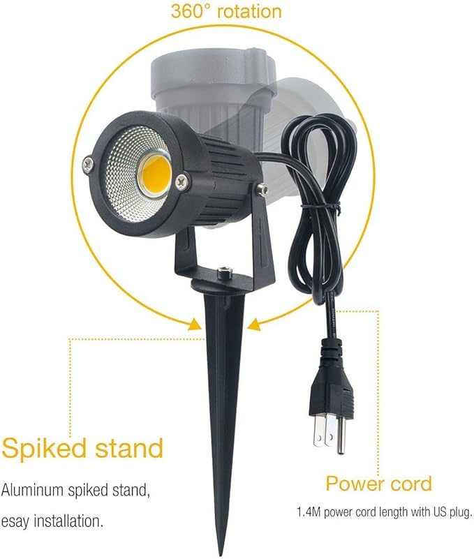 2 Pack Outdoor Landscape Lighting 5W COB LED Spotlights for Garden Lawn Wall Yard Path with Spiked Stand and Plug Adapter (Warm White)