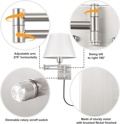 TRLIFE Wall Sconce Plug in, Dimmable Wall Sconces Set of 2 Brushed Nickel Swing - Image 4