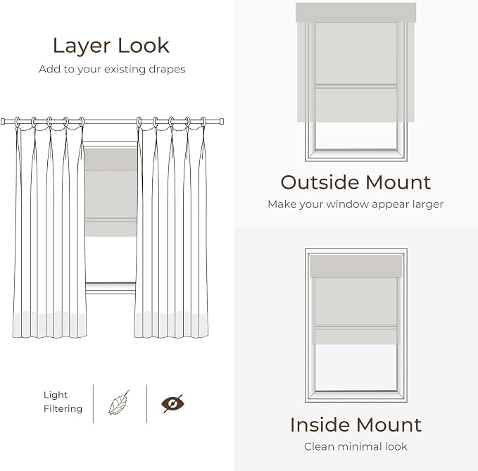 TWOPAGES Natural Woven Ramie Roman Shades, Custom Cordless No Drill or - Image 8