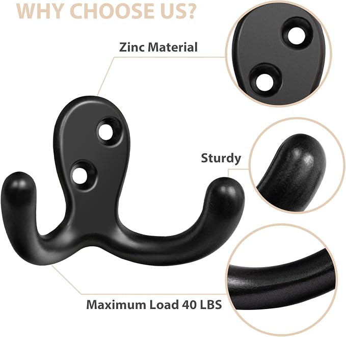 Homanu 14 Pack Coat Hooks, Heavy Duty Double Prong Coat Hooks Wall Mounted - Image 4