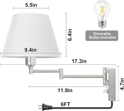 TRLIFE Wall Sconce Plug in, Dimmable Wall Sconces Set of 2 Brushed Nickel Swing - Image 6