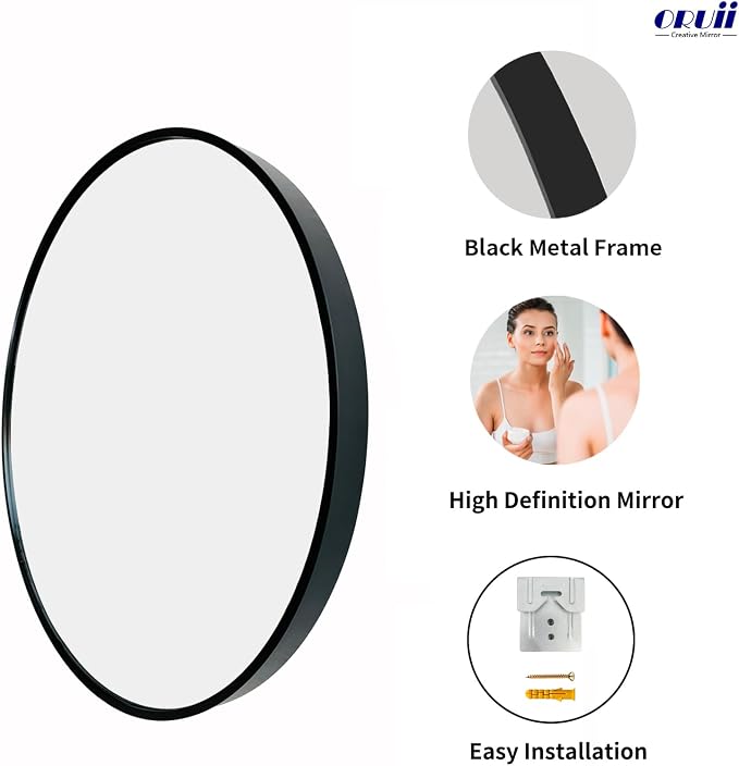 Oruii Black Circle Mirror, 22 inch Round Mirror Metal Frame, Living Room - Image 2
