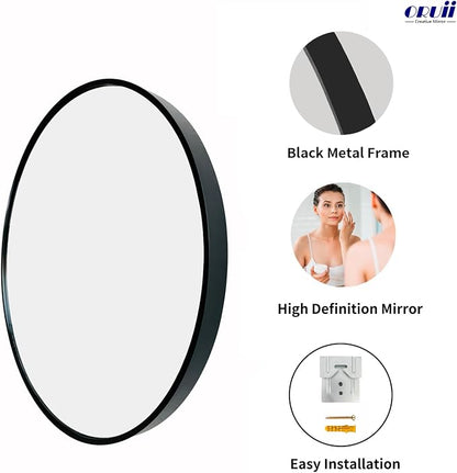 Oruii Black Circle Mirror, 22 inch Round Mirror Metal Frame, Living Room - Image 2