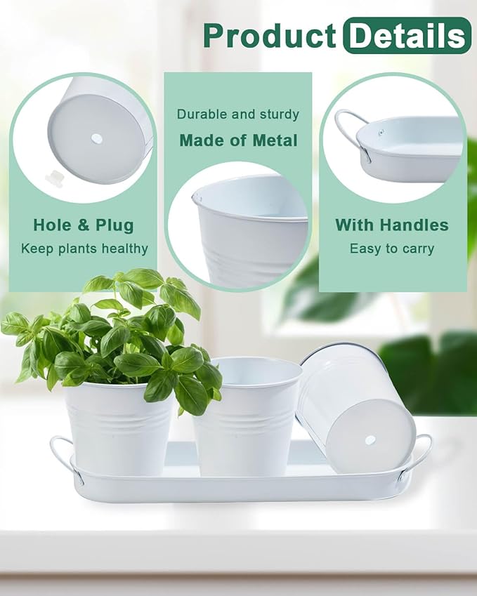 vensovo Indoor Herb Planter Set - Galvanized Windowsill Garden Pots with Tray & Drainage, Set of 3 Metal Window Planters for Kitchen & Outdoor Use, White