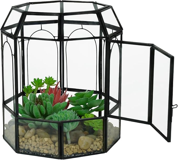 Ferrisland Glass Terrarium Plants with Lid, Black Geometric Terrarium Jar for Succulent Air Carnivorous Plant Moss Snail, Birdcage Shape Tabletop Greenhouse Indoor Decor DIY Presents (Only Terrarium)