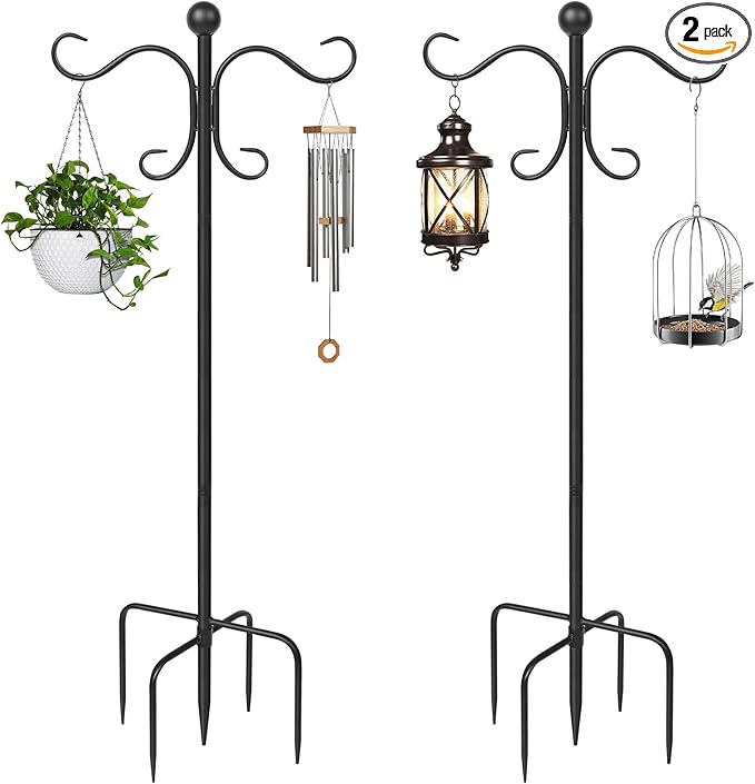 2 Pack 76 Inch Adjustable Double Shepherds Hooks for Outdoor Heavy Duty, Two Sided Garden Bird Feeder Pole for Hanging Plant Baskets, Solar Lights, Weddings Decor