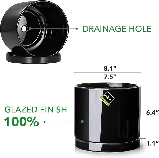 Aveyas 8 inch Ceramic Plant Pot with Drainage Hole and Saucer - Suitable for Indoor and Outdoor Use, Modern Planters for House Garden Flower Tree Snake Monstera Plants (8", Glossy Black)