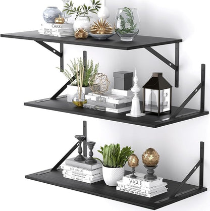 Deep Floating Shelves for Wall Set of 3, 24W x 12 Inch Deep Black Floating by Unknown