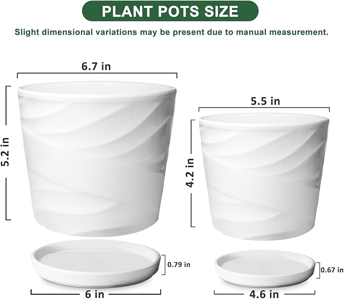 6.7 + 5.5 Inch Plant Pot, Ceramic Planter with Drainage and Saucer，Ceramic Pots for Plants, Indoor Plant pots，Succulent Orchid Flower Pot(Pure White)