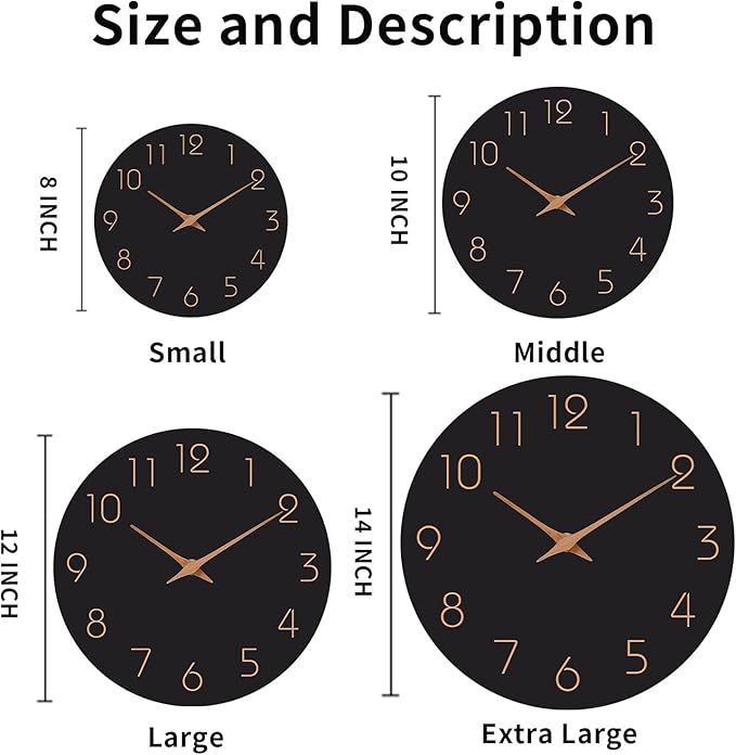Mosewa 12 Inch Black Wall Clock Battery Operated Silent Non Ticking Modern - Image 2