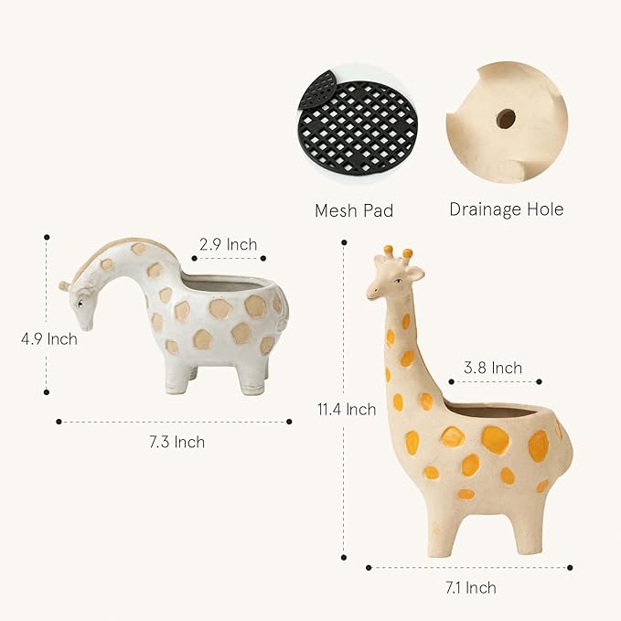 LA JOLIE MUSE Ceramic Giraffe Succulent Planter Animal Plant Pots - 11.4 + 4.9 Inch Tall Cute Rough Pottery Indoor Flower Pots, Home Decor