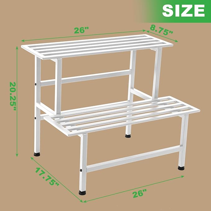 Metal Plant Stand Outdoor Plant Shelf Indoor,2 Tier Heavy Duty Ladder Plant Stands for Multiple Plants,26" L x 20.25" H x 17.75" W,White