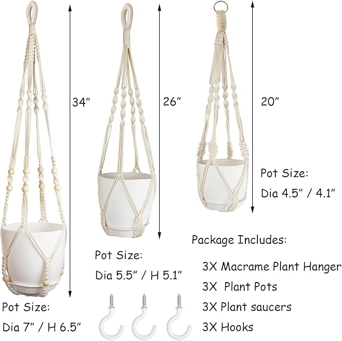 Macrame Plant Hangers with Pots and Saucers, 3 Pack Hanging Planters for Indoor Plants Hanging Plant Holders with Hooks 34" / 26" / 20"