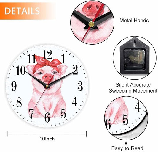 Mxocom Pink Pig Wall Clock Funny Cartoon Pig Wearing Red Bandana 10 Inch Silent - Image 2