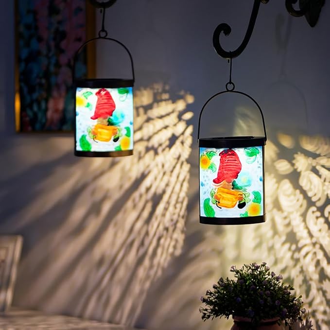 2 Pack Gnome Hanging Solar Lantern Decorative Glass LED Solar Lanterns Outdoor Waterproof for Garden Yard Patio