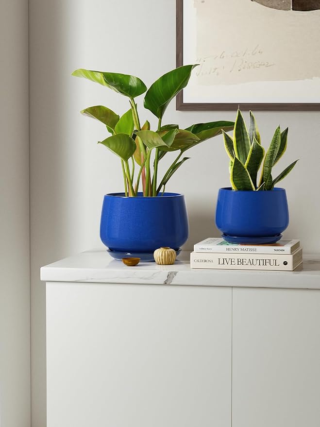 LE TAUCI Plant Pots, 4.1+5.1+6.5 inch, Set of 3, Ceramic Planters with Drainage Hole and Saucer, Indoor Flower Pot with Hole Mesh Pad, Gifts for Mom, Sapphire Blue