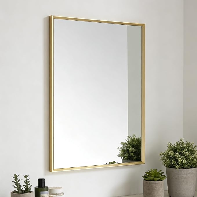 Bathroom Mirror for Wall, 16x24 Inch Metal Framed Mirror, Brushed Gold by Ruomeng