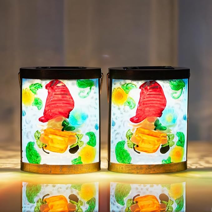 2 Pack Gnome Hanging Solar Lantern Decorative Glass LED Solar Lanterns Outdoor Waterproof for Garden Yard Patio