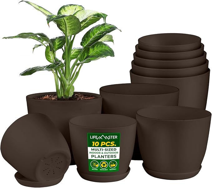 Planter Pots with Drainage Holes - Lightweight, Durable & Space-Saving Pots for Indoor and Outdoor - Versatile Functionality, Simple Modern Design, Set of 10 Plastic Planter Pots - Brown
