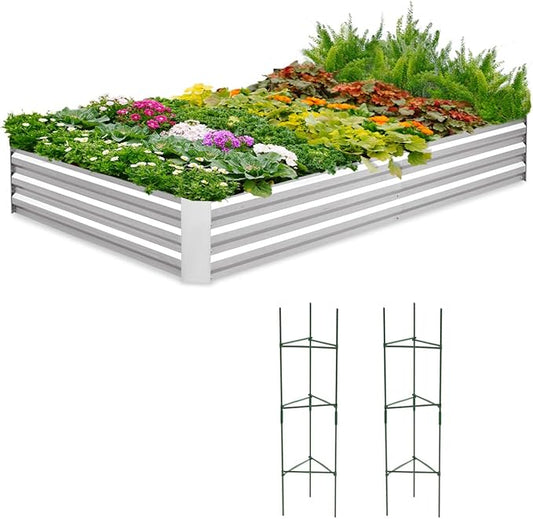 Quictent Galvanized Raised Garden Bed 8x4x1 Ft Metal Planter Box for Vegetables Outdoor, Bottomless for Backyard, 2 Tomato Cages Included (Silver)
