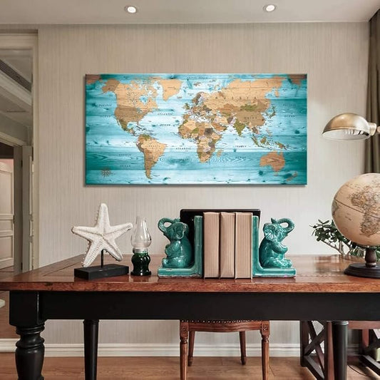 Large Wall Art Blue map of The World Painting Ready to Hang 36"x70"Large Framed - Image 2